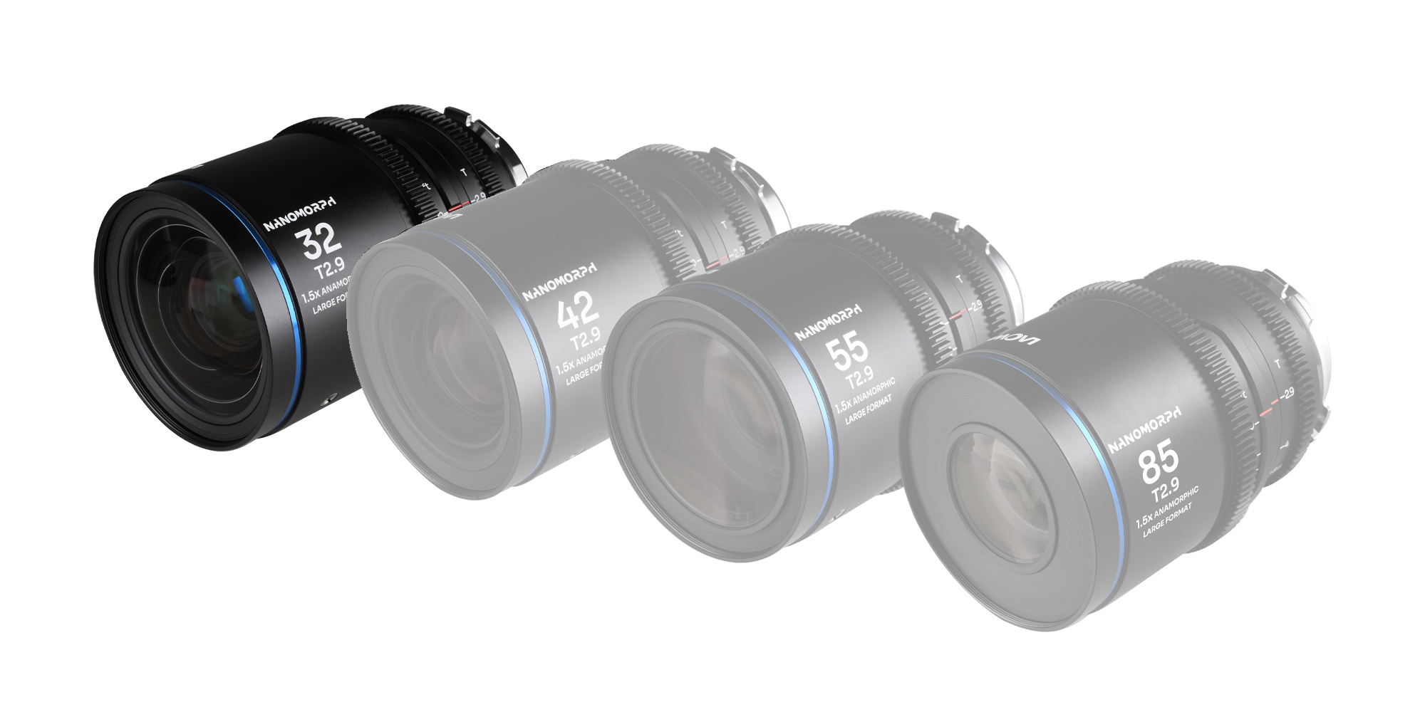 Obiektyw Laowa Nanomorph 32 mm T2,9 1,5x LF Blue do Arri PL/Canon EF obok wersji 42, 55 i 85 mm